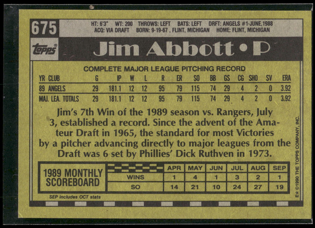 1990 Topps #675 Jim Abbott