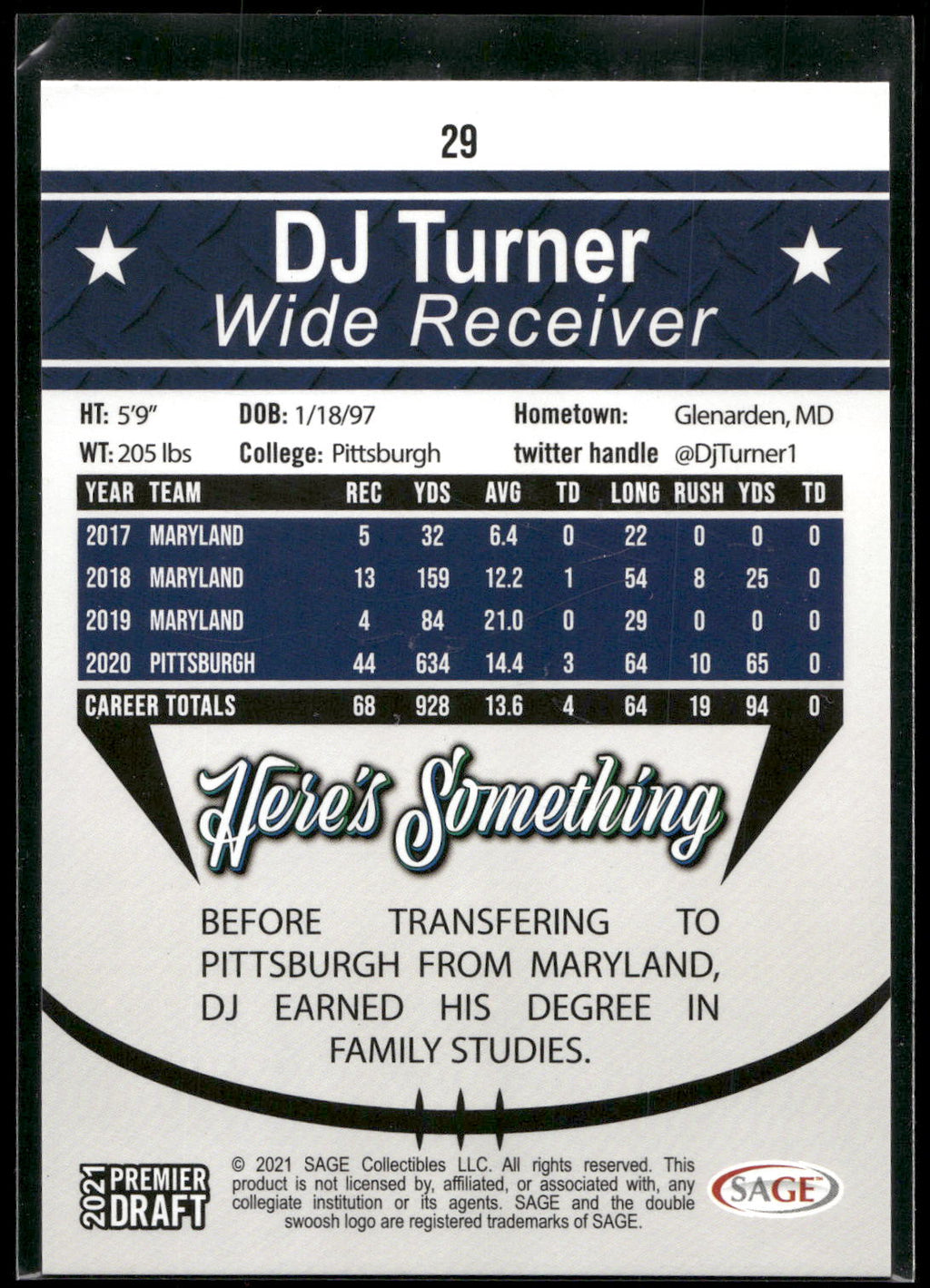 2021 SAGE Premier Draft #29 DJ Turner Red