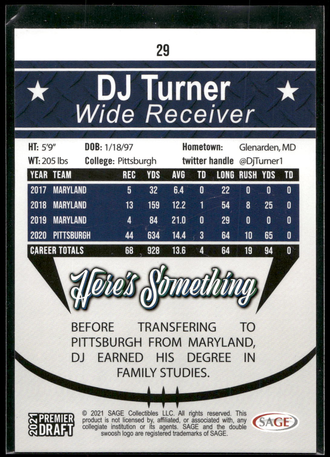 2021 SAGE Premier Draft #29 DJ Turner Red