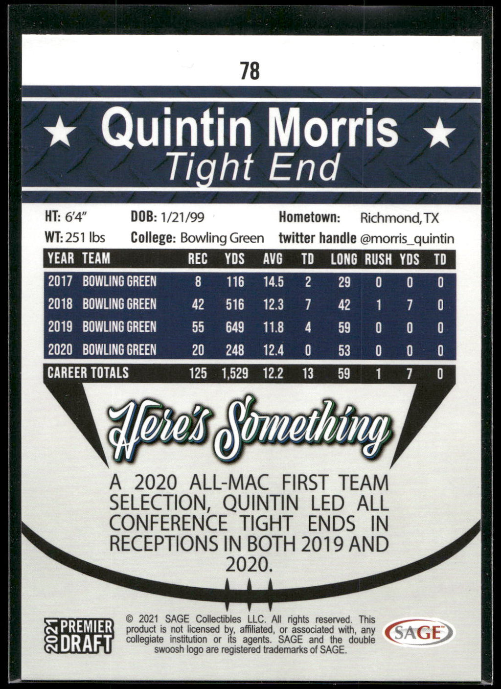 2021 SAGE Premier Draft #78 Quintin Morris Red