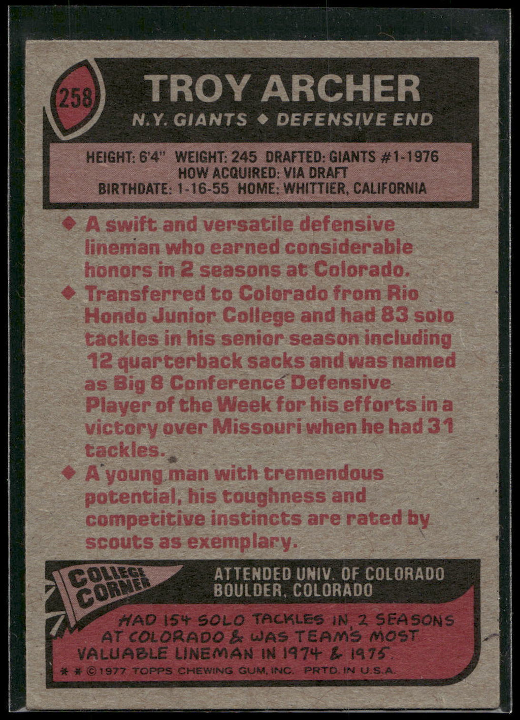 1977 Topps #258 Troy Archer