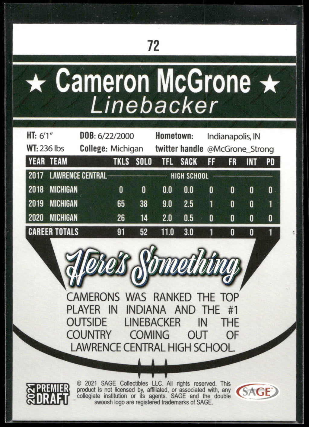 2021 SAGE Premier Draft #72 Cameron McGrone Red