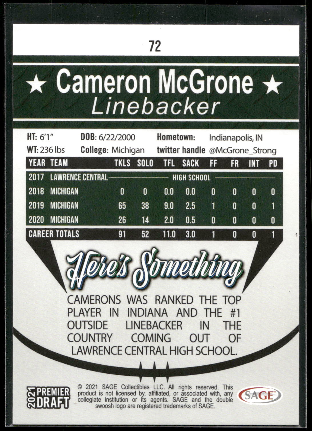 2021 SAGE Premier Draft #72 Cameron McGrone Red
