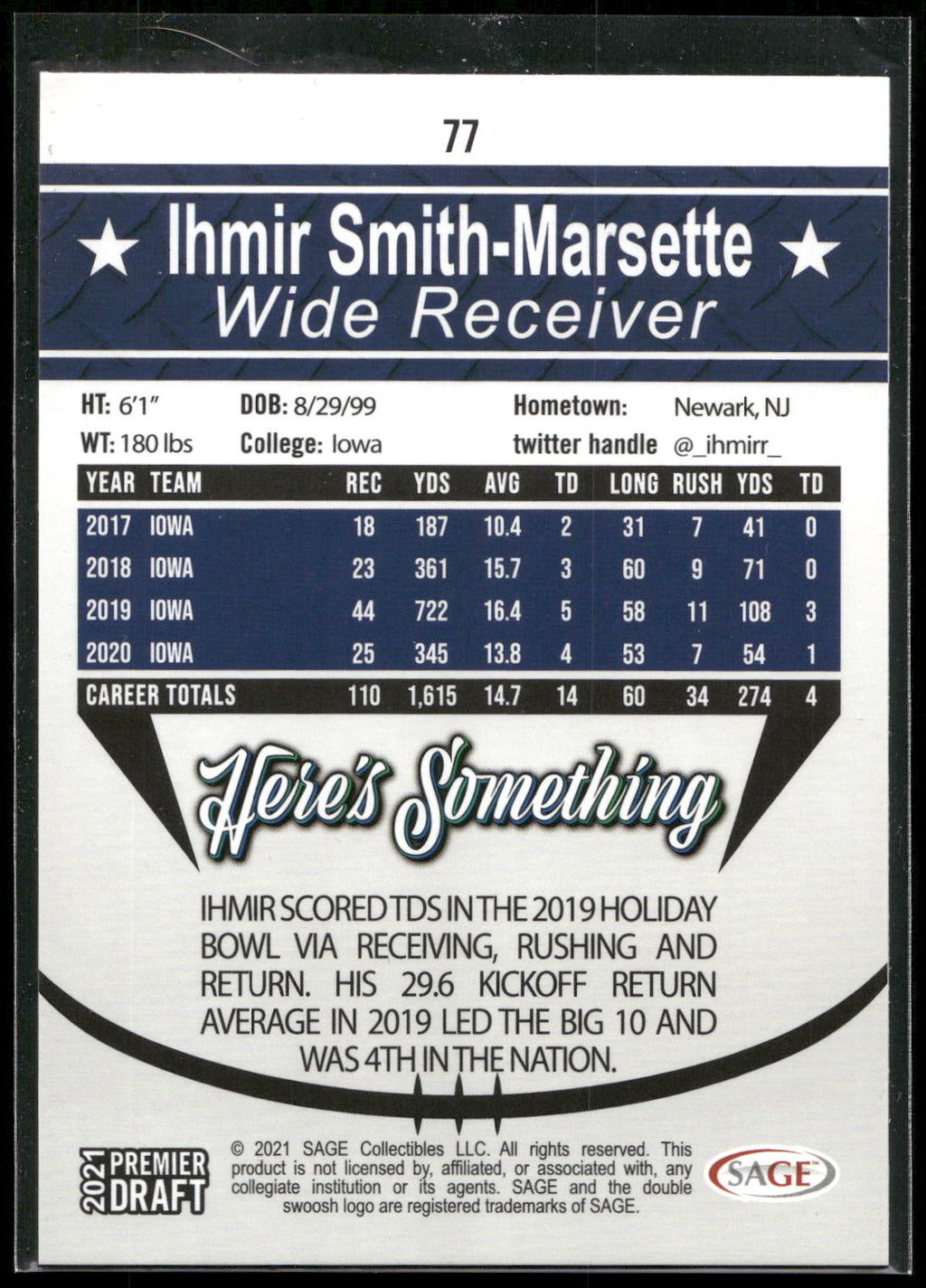 2021 SAGE Premier Draft #77 Ihmir Smith-Marsette Red