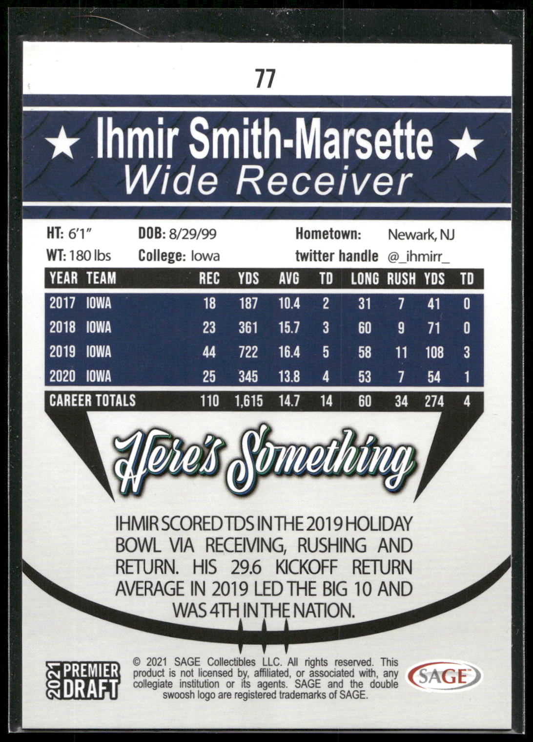 2021 SAGE Premier Draft #77 Ihmir Smith-Marsette Red