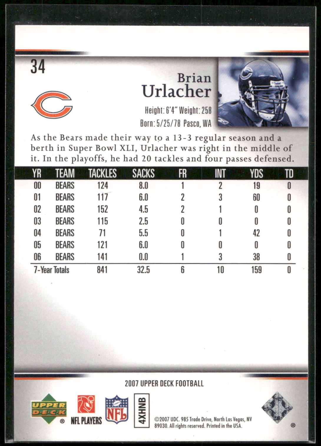 2007 Upper Deck #34 Brian Urlacher