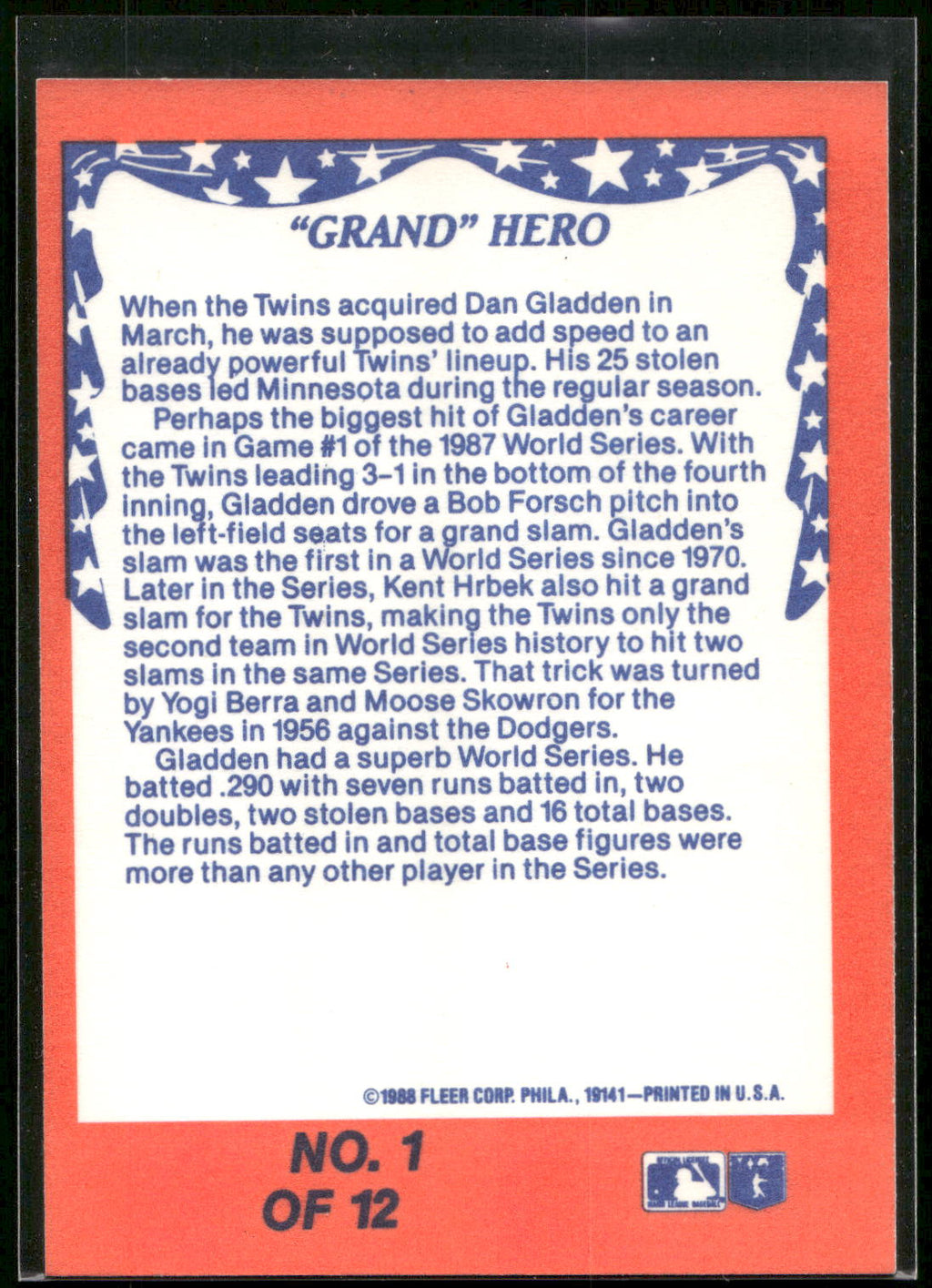 1988 Fleer #1 "Grand" Hero in Game 1 World Series