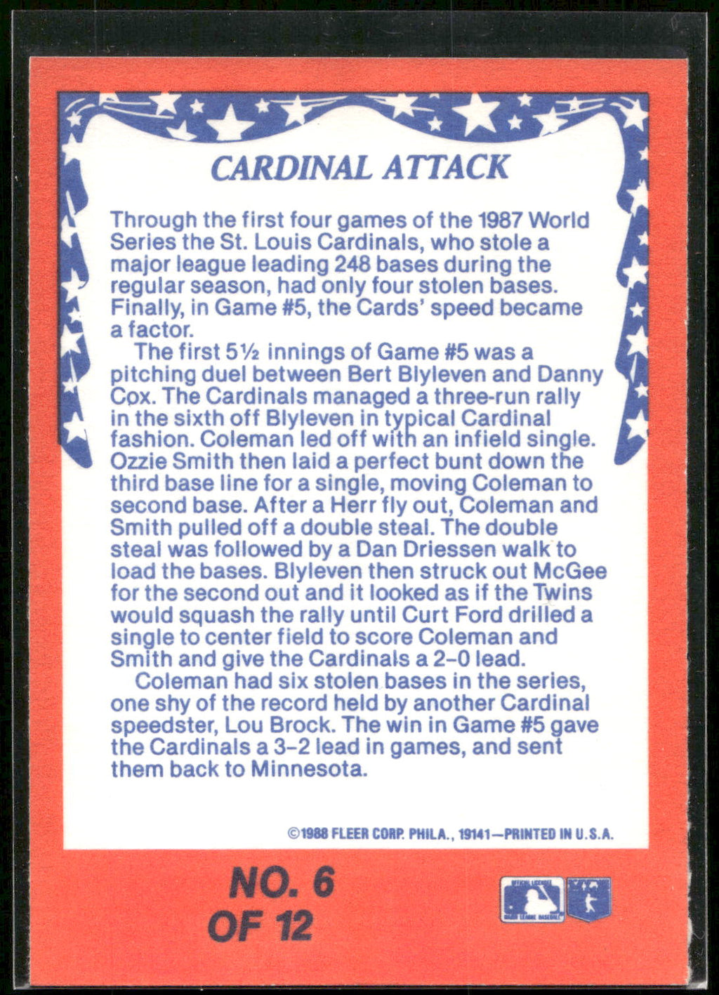 1988 Fleer #6 Cardinal Attack - Disruptive Speed World Series
