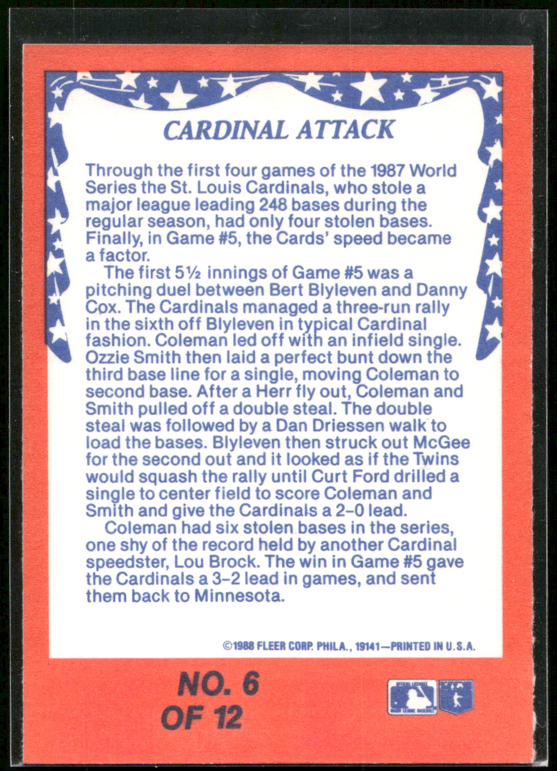 1988 Fleer #6 Cardinal Attack - Disruptive Speed World Series