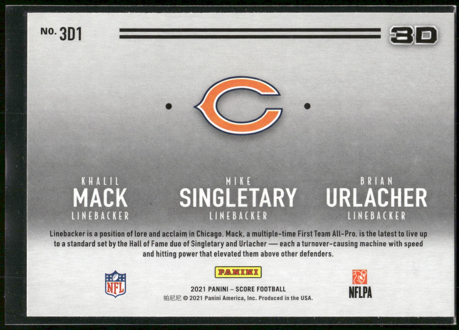 2021 Score #3D1 Brian Urlacher / Khalil Mack / Mike Singletary 3D Red