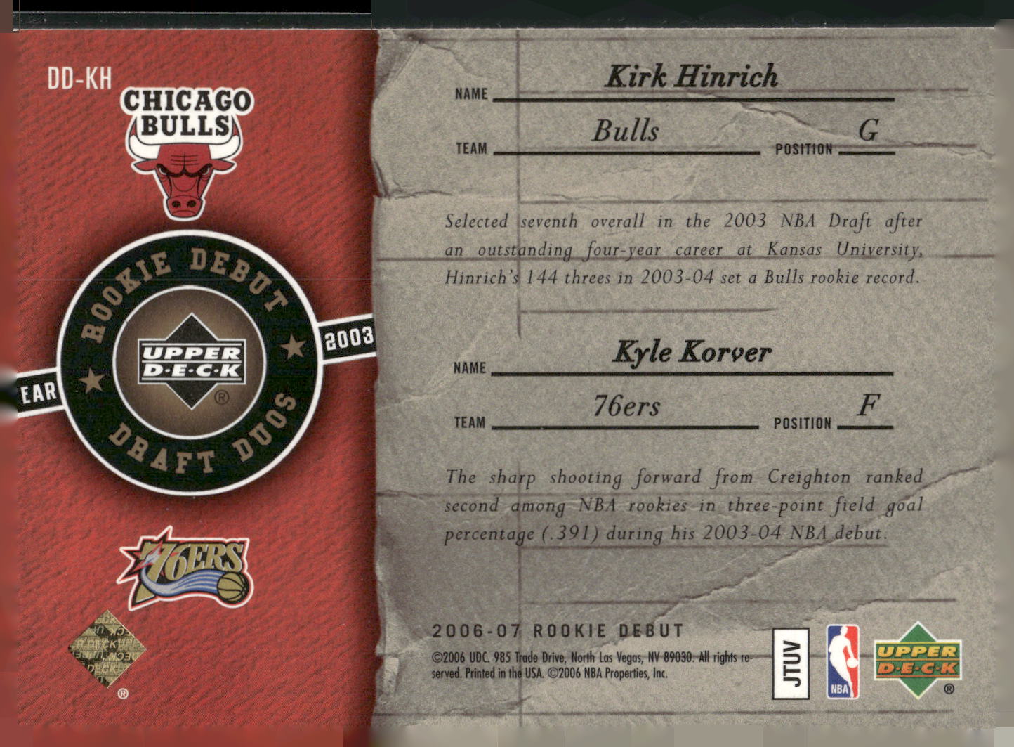 2006-07 Upper Deck Rookie Debut #DD-KH Kyle Korver / Kirk Hinrich Draft Duos