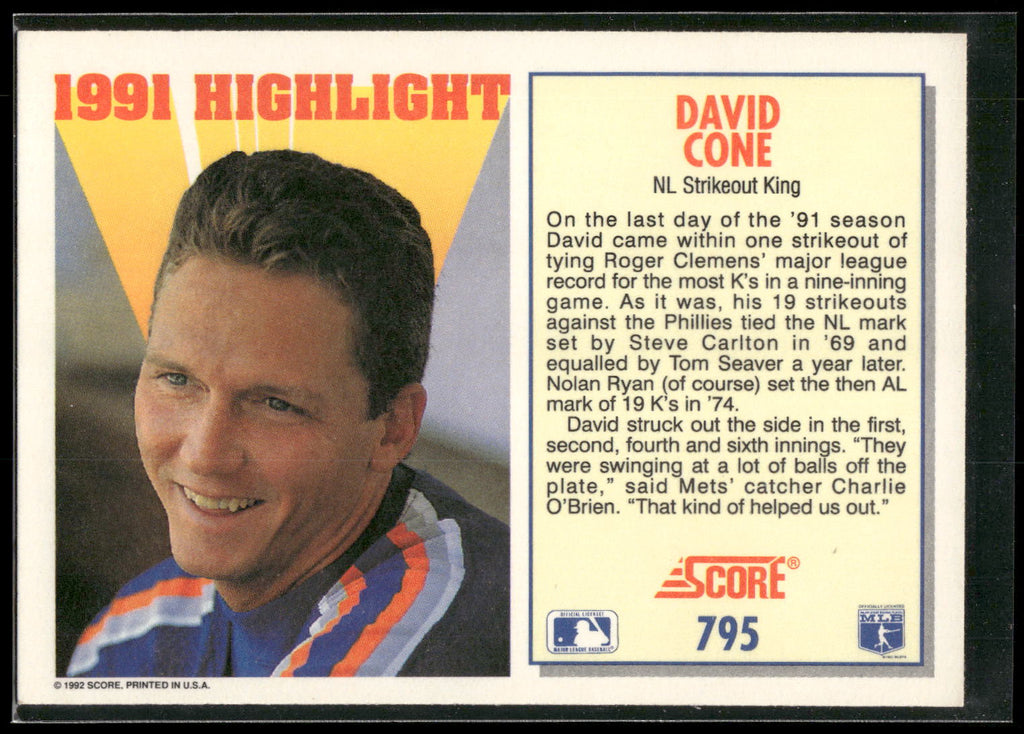 1992 Score #795 David Cone