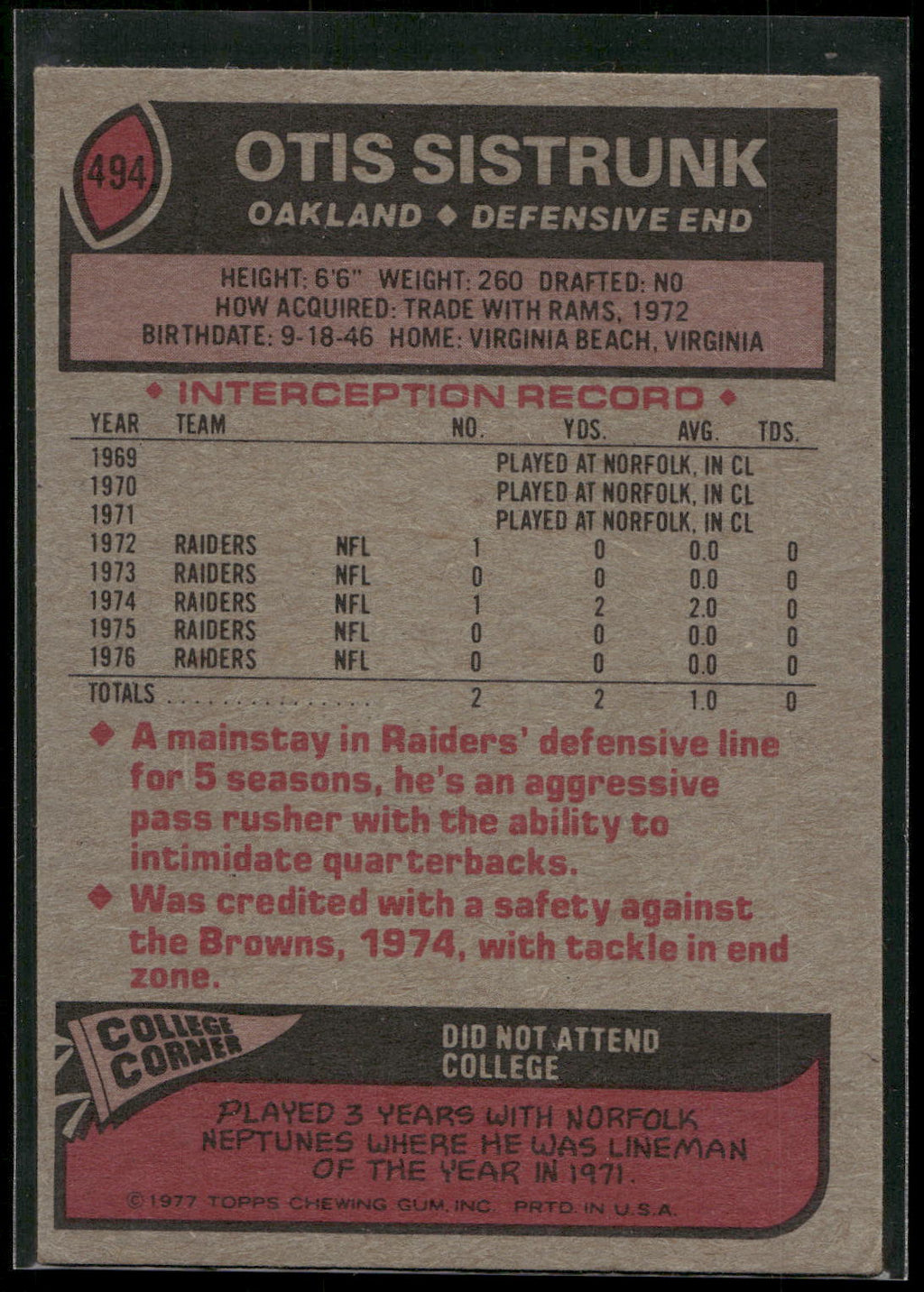 1977 Topps #494 Otis Sistrunk