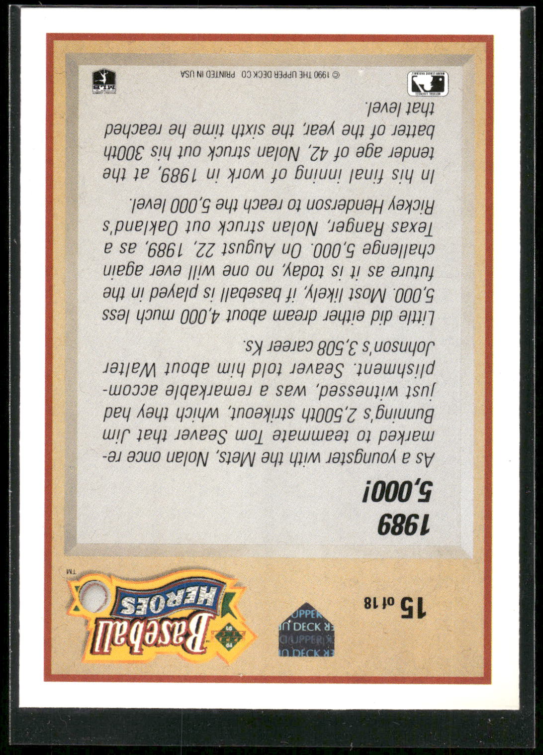1991 Upper Deck #15 Nolan Ryan Baseball Heroes: Nolan Ryan