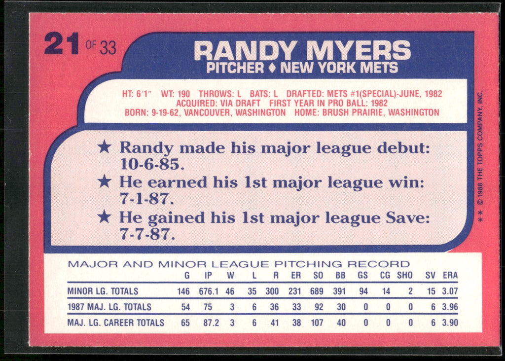 1988 Topps Toys "R" Us Rookies #21 Randy Myers