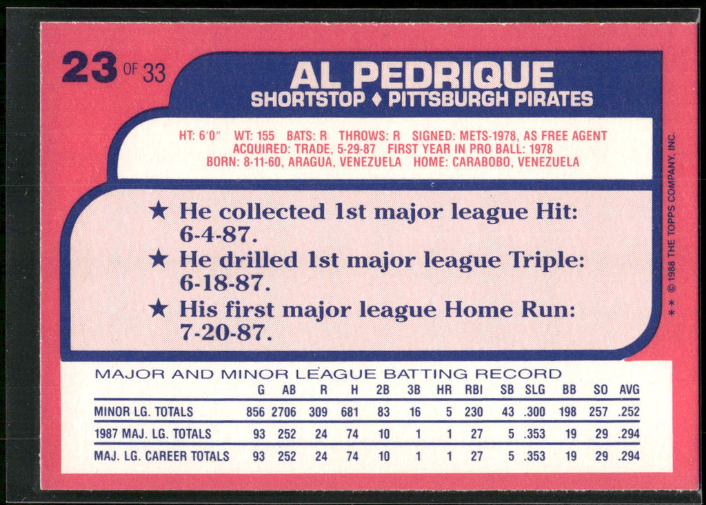 1988 Topps Toys "R" Us Rookies #23 Al Pedrique