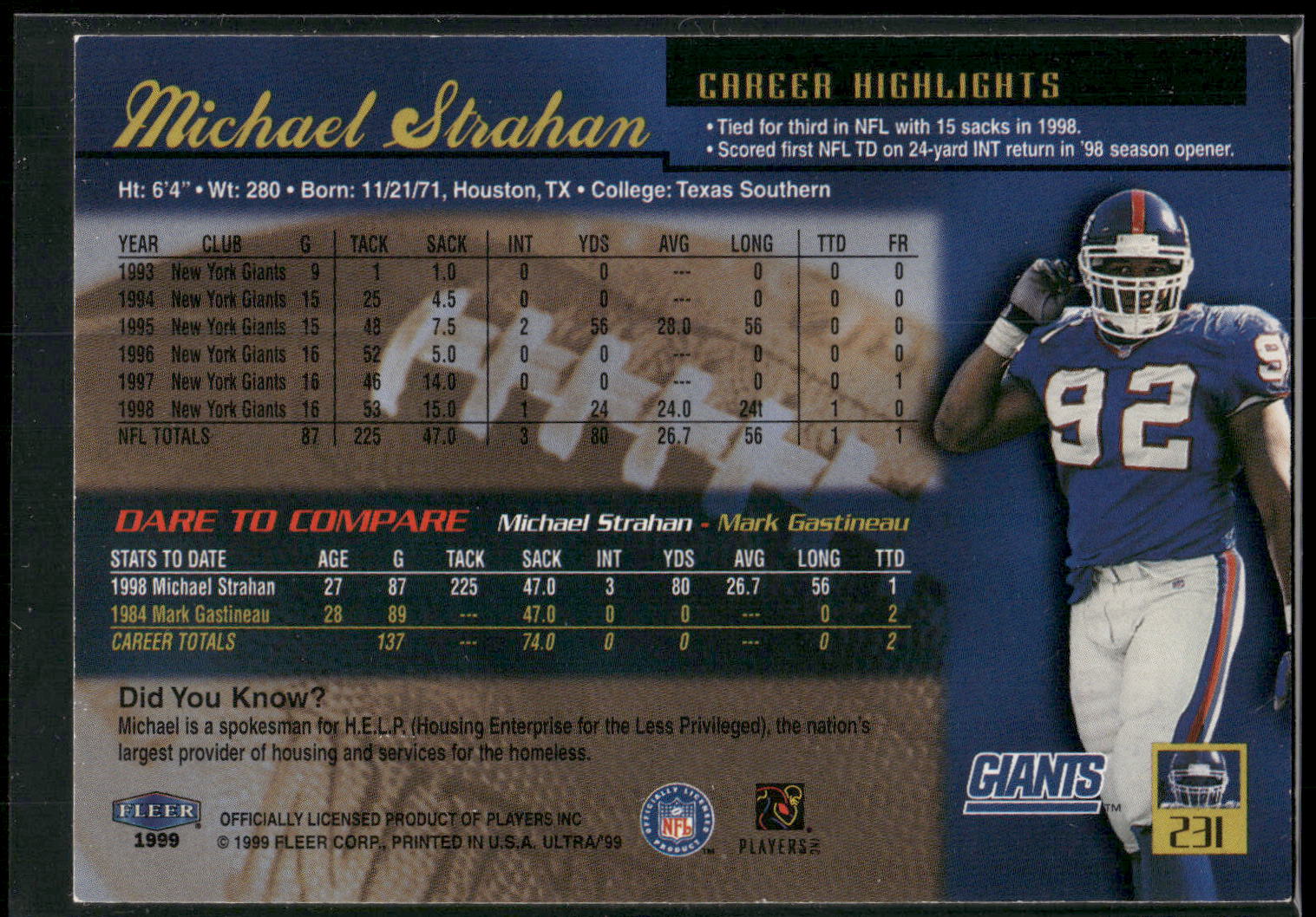 1999 Ultra #231 Michael Strahan