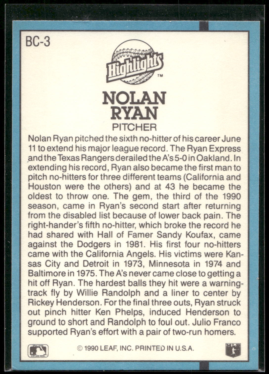 1991 Donruss #BC-3 Nolan Ryan Bonus Cards