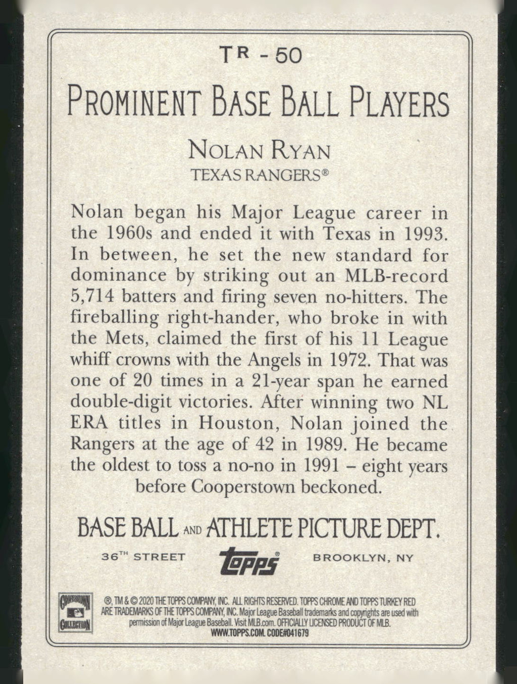 2020 Topps Update #TR-50 Nolan Ryan Turkey Red 2020