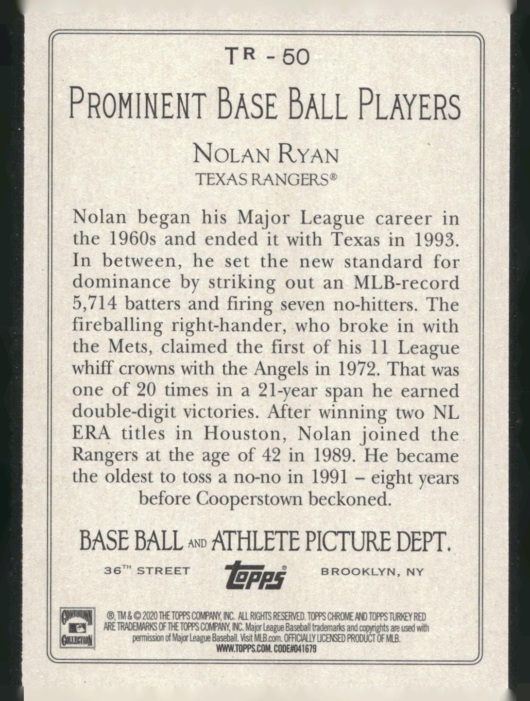 2020 Topps Update #TR-50 Nolan Ryan Turkey Red 2020