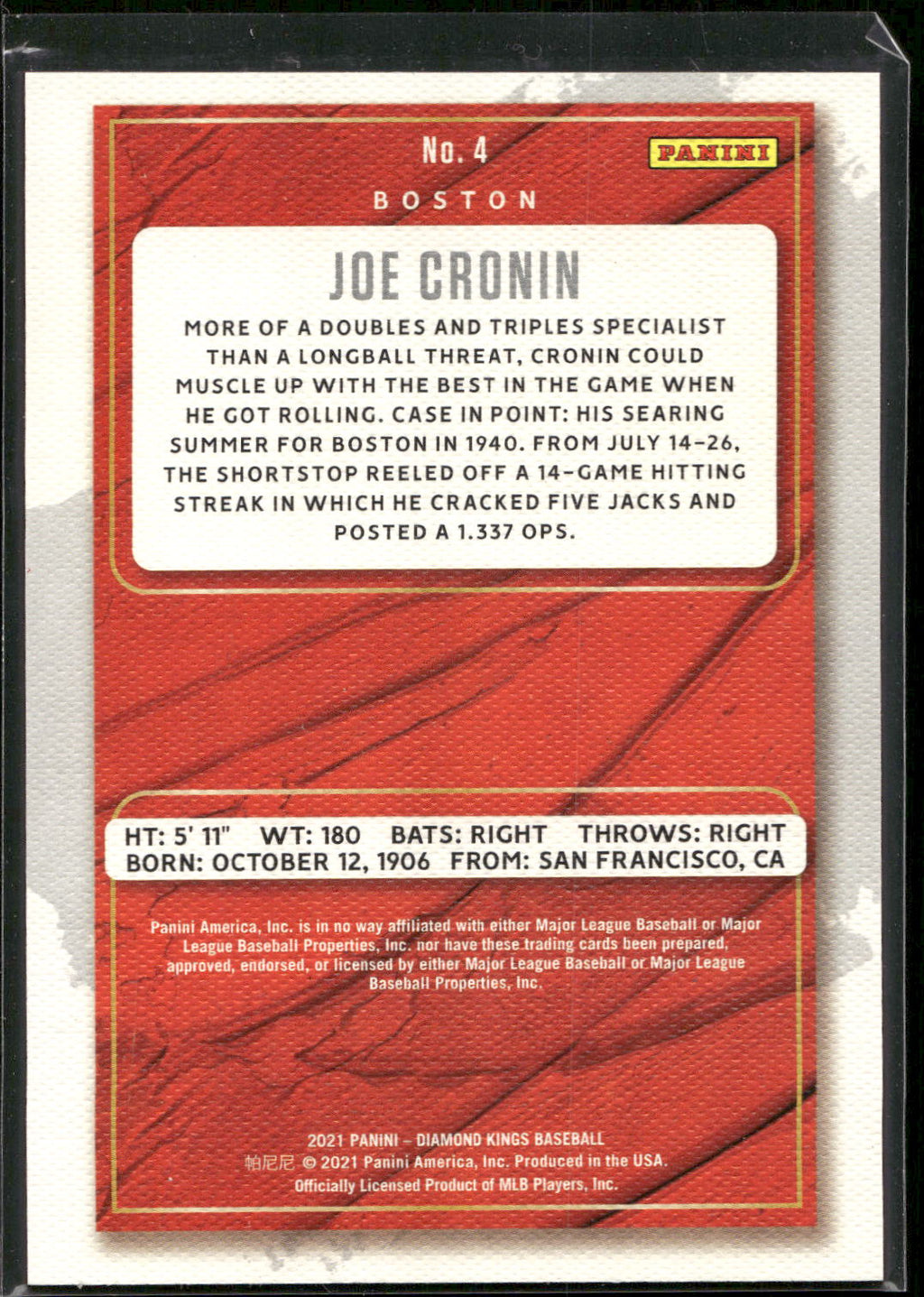 2021 Panini Diamond Kings #4 Joe Cronin Framed Red