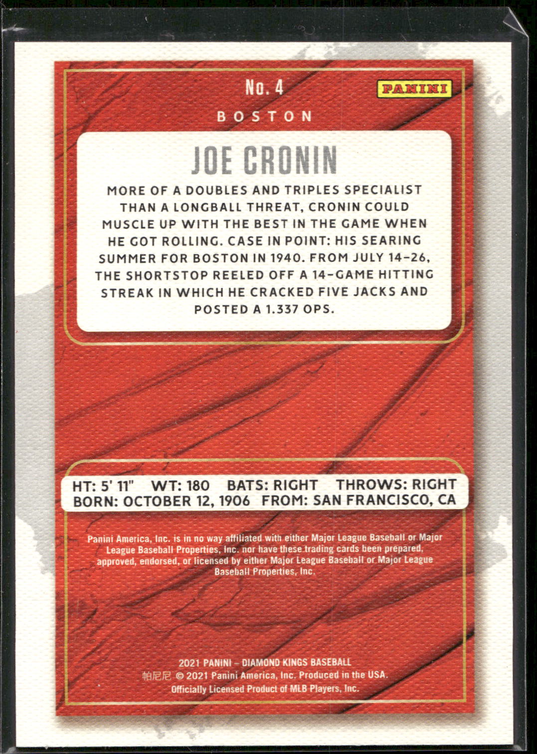 2021 Panini Diamond Kings #4 Joe Cronin Framed Red
