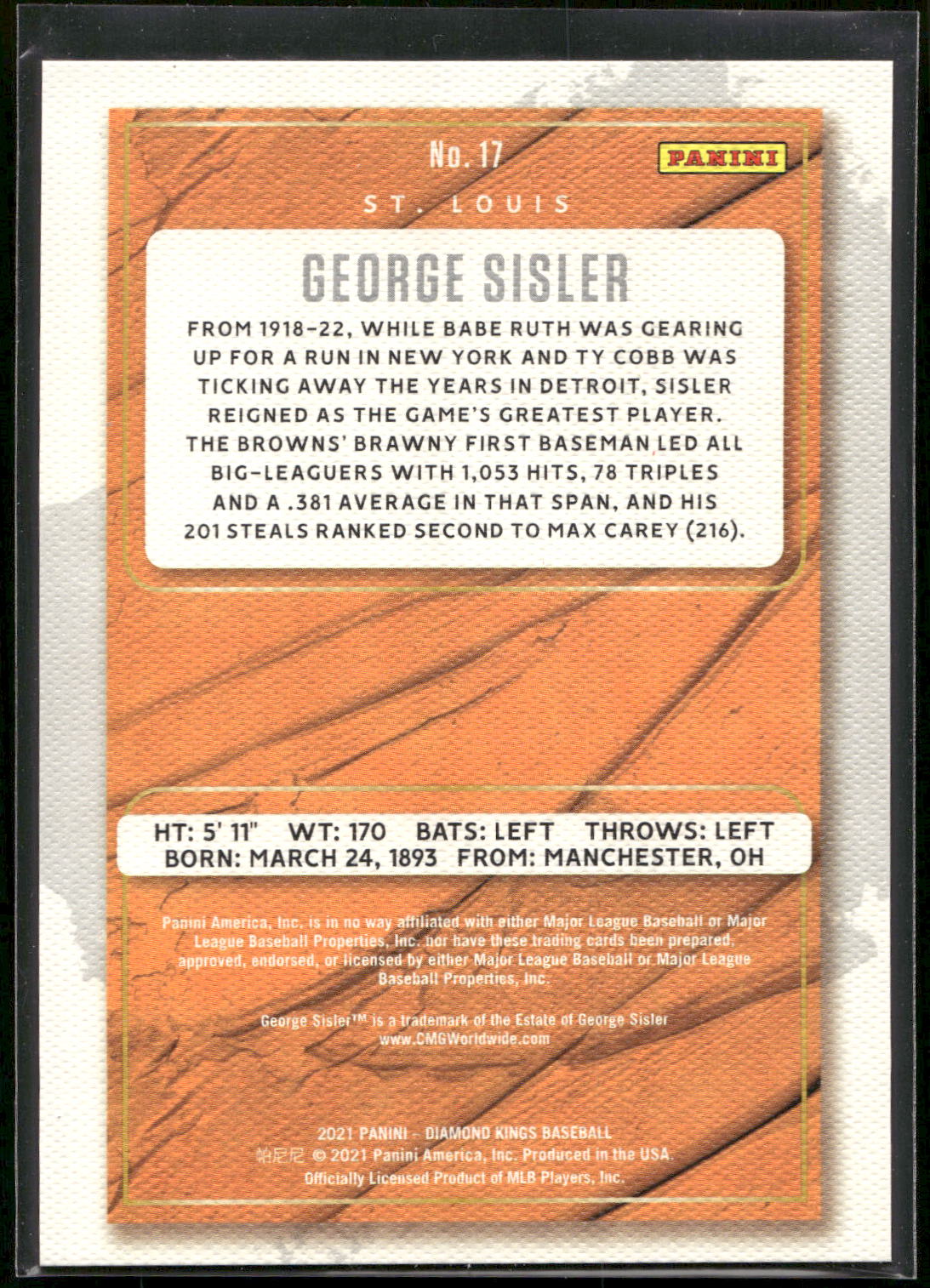 2021 Panini Diamond Kings #17 George Sisler Framed Red