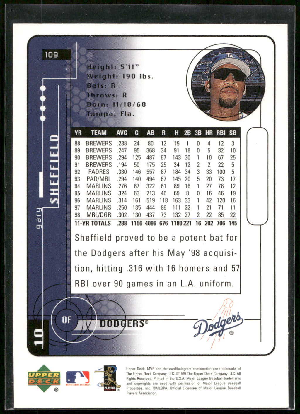 1999 Upper Deck MVP #109 Gary Sheffield