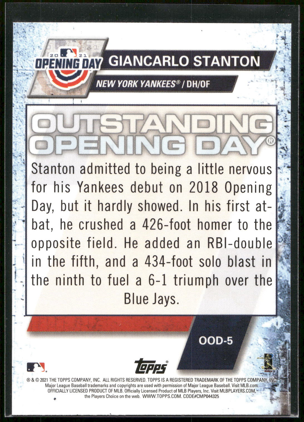 2021 Topps Opening Day #OOD-5 Giancarlo Stanton Outstanding Opening Day