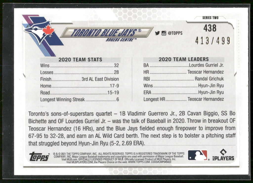 2021 Topps #438 Toronto Blue Jays Green #/499
