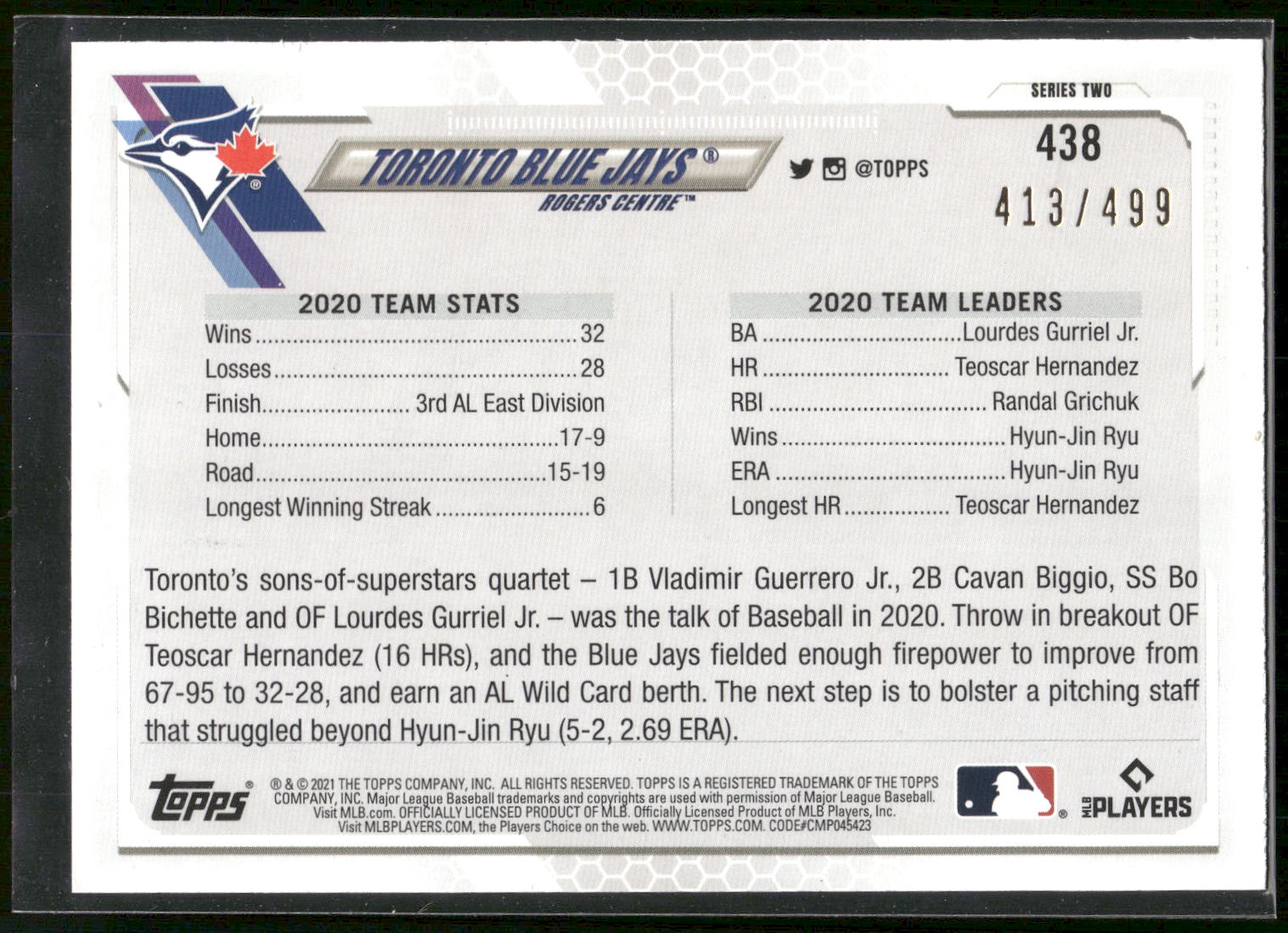 2021 Topps #438 Toronto Blue Jays Green #/499