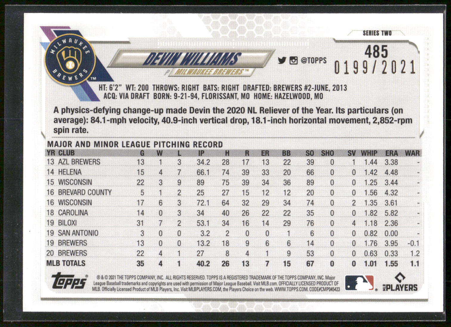 2021 Topps #485 Devin Williams Gold #/2021