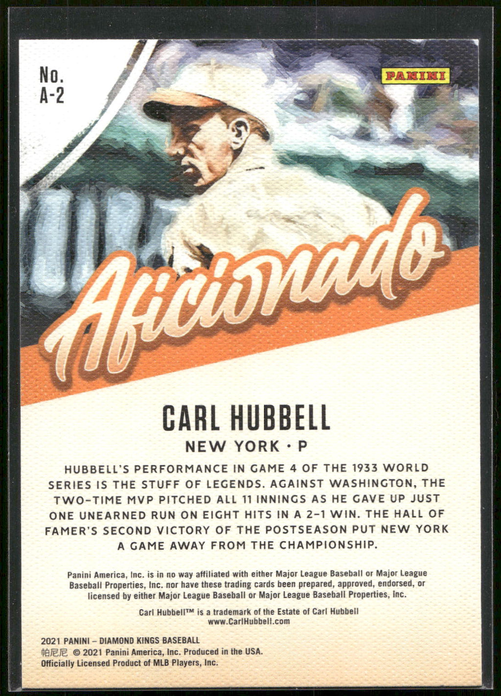 2021 Panini Diamond Kings #A-2 Carl Hubbell Aficionado