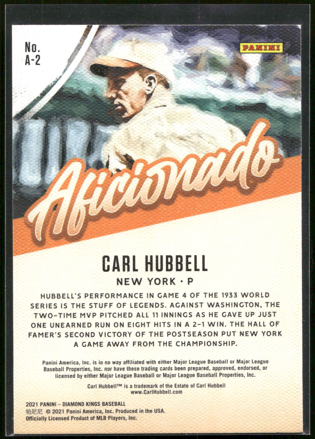 2021 Panini Diamond Kings #A-2 Carl Hubbell Aficionado
