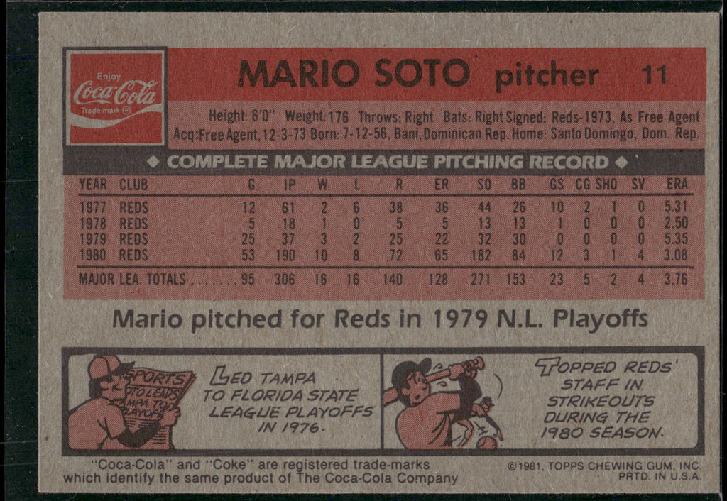 1981 Topps Coca-Cola Cincinnati Reds #11 Mario Soto