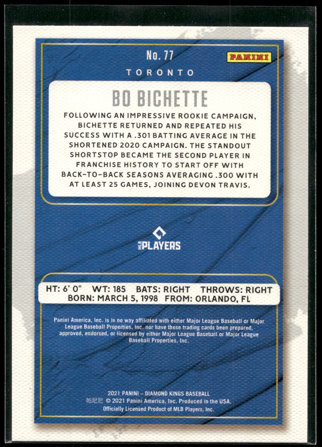2021 Panini Diamond Kings #77 Bo Bichette