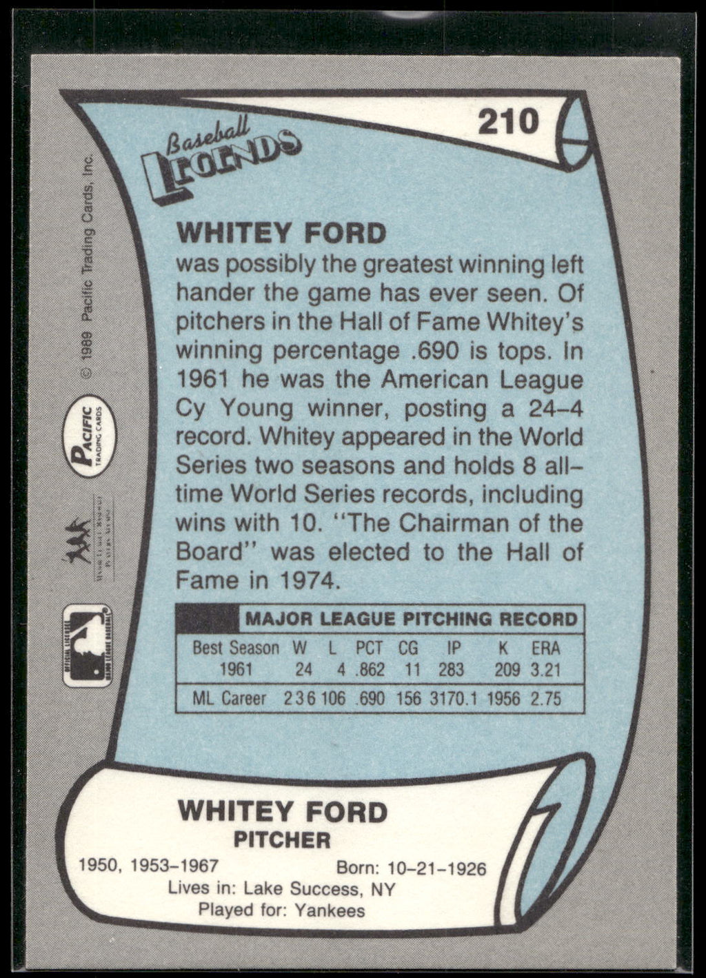 1989 Pacific Legends II #210 Whitey Ford