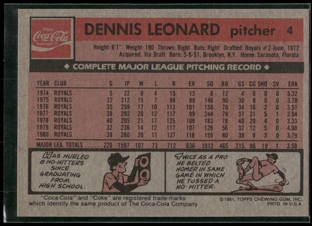 1981 Topps Coca-Cola Kansas City Royals #4 Dennis Leonard