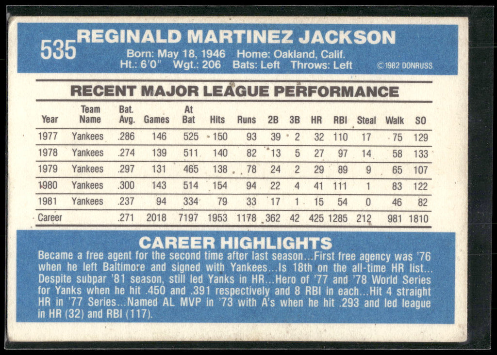 1982 Donruss #535 Reggie Jackson