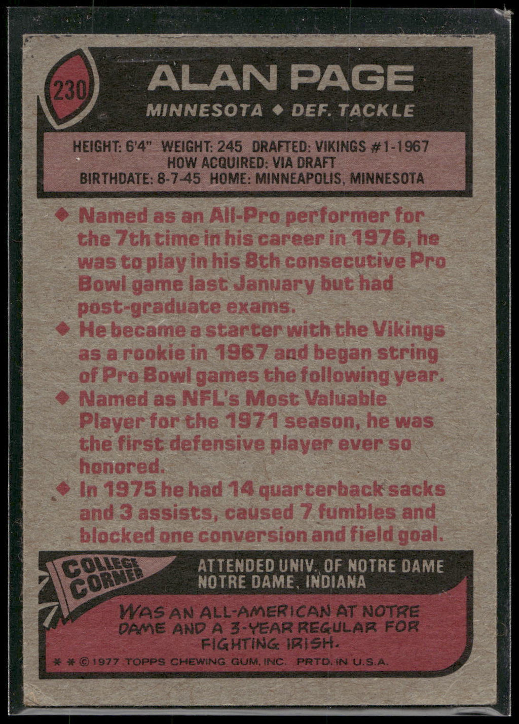 1977 Topps #230 Alan Page
