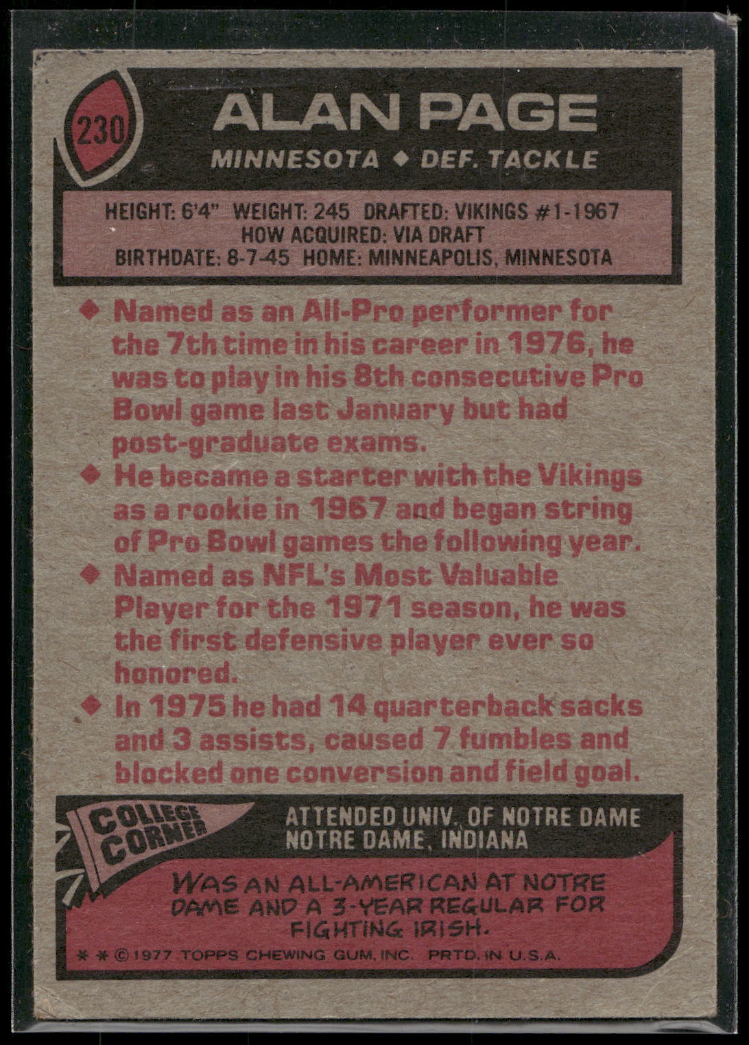 1977 Topps #230 Alan Page