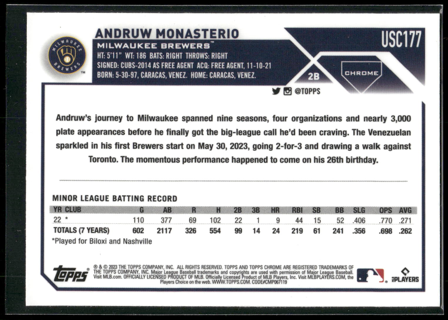 2023 Topps Chrome Update #USC177 Andruw Monasterio