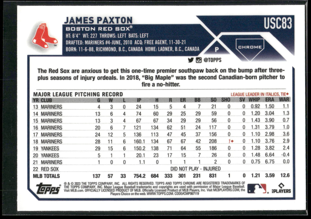 2023 Topps Chrome Update #USC83 James Paxton
