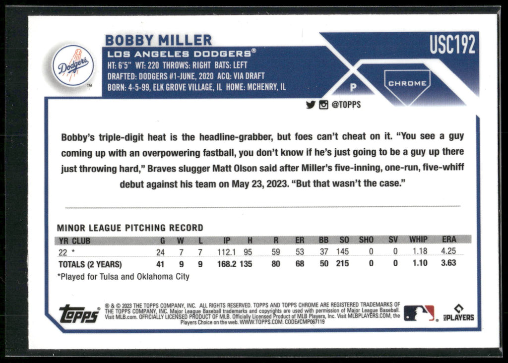 2023 Topps Chrome Update #USC192 Bobby Miller