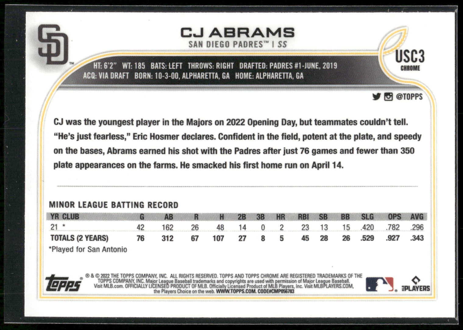 2022 Topps Chrome Update #USC3 CJ Abrams