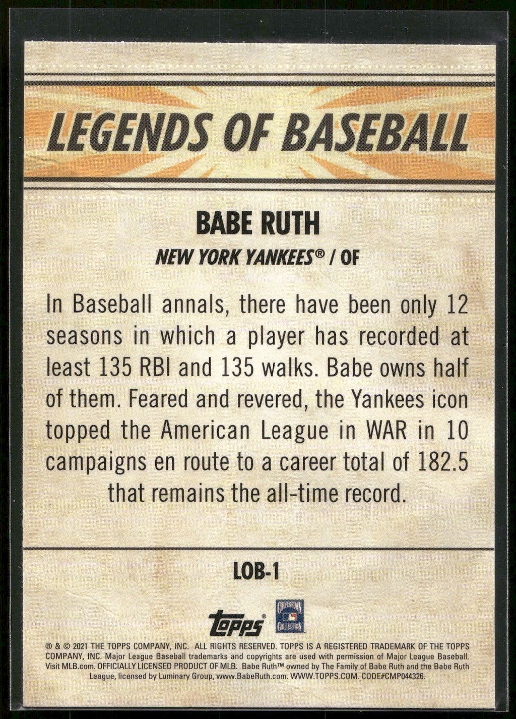 2021 Topps Opening Day #LOB-1 Babe Ruth Legends of Baseball