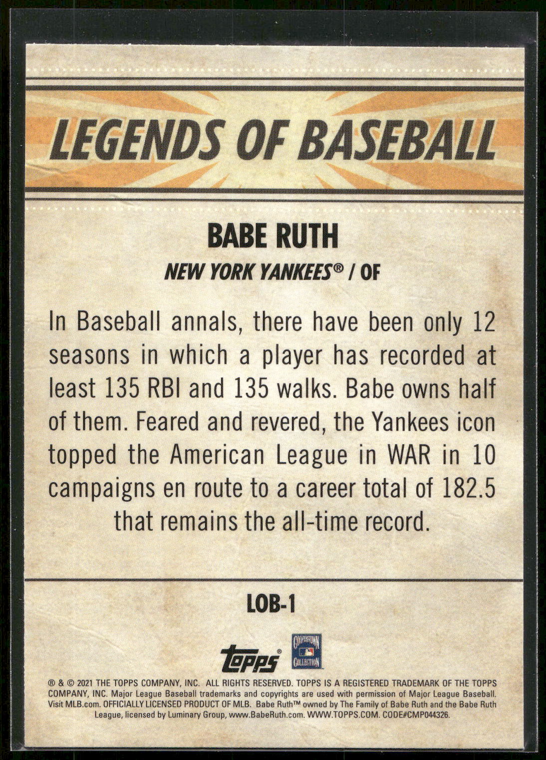 2021 Topps Opening Day #LOB-1 Babe Ruth Legends of Baseball