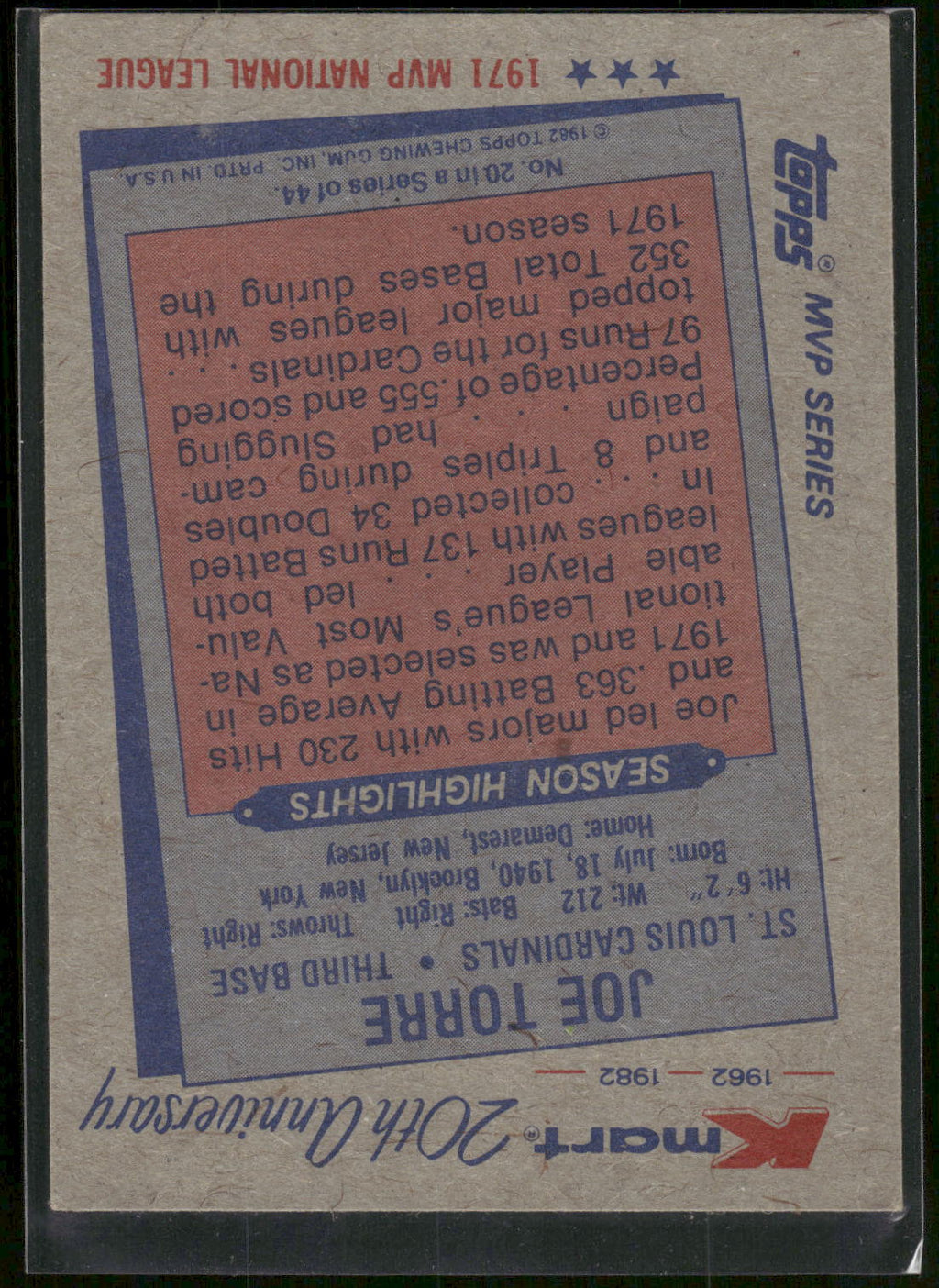 1982 Topps Kmart 20th Anniversary AL & NL MVP's #20 Joe Torre
