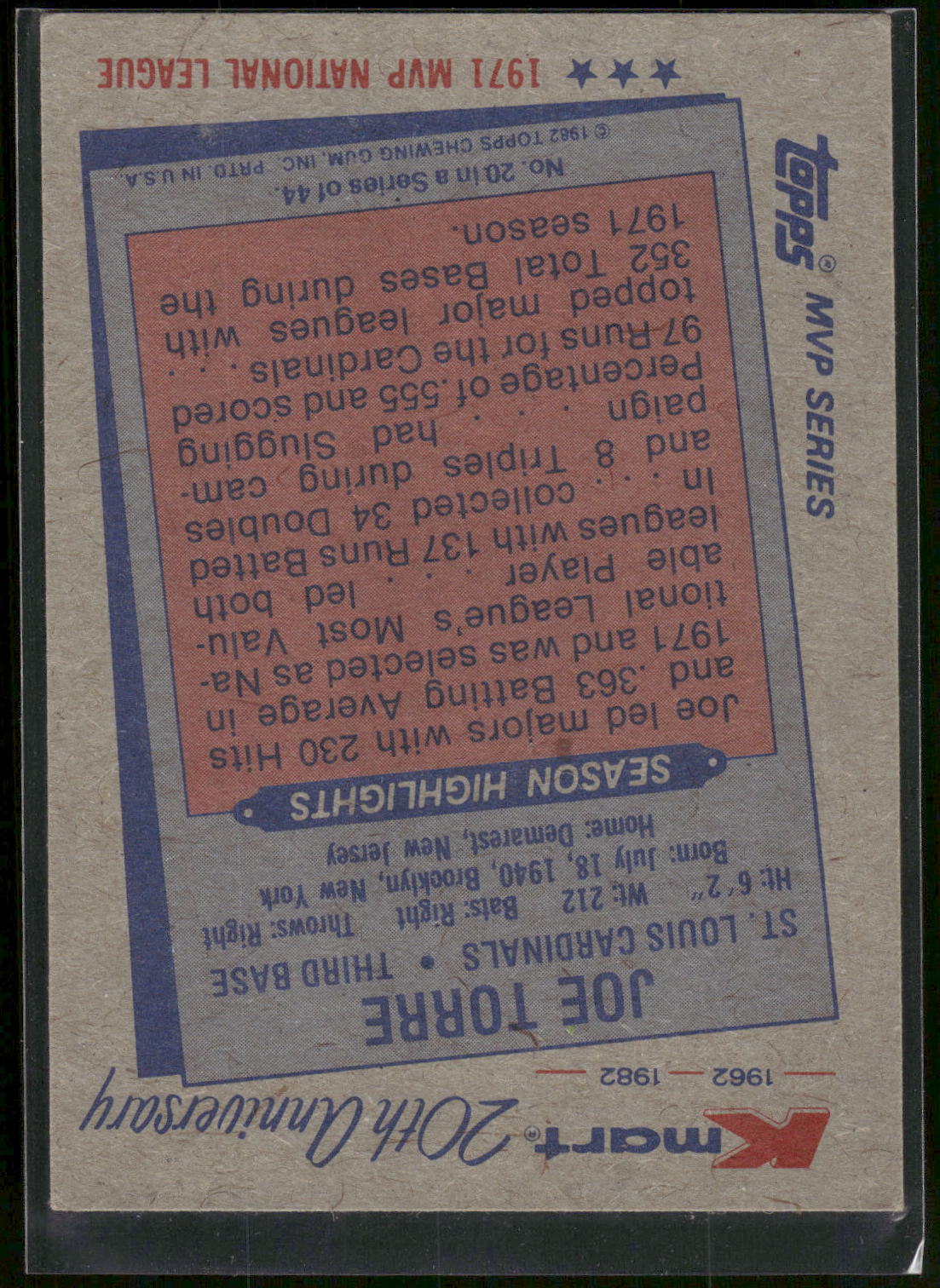 1982 Topps Kmart 20th Anniversary AL & NL MVP's #20 Joe Torre