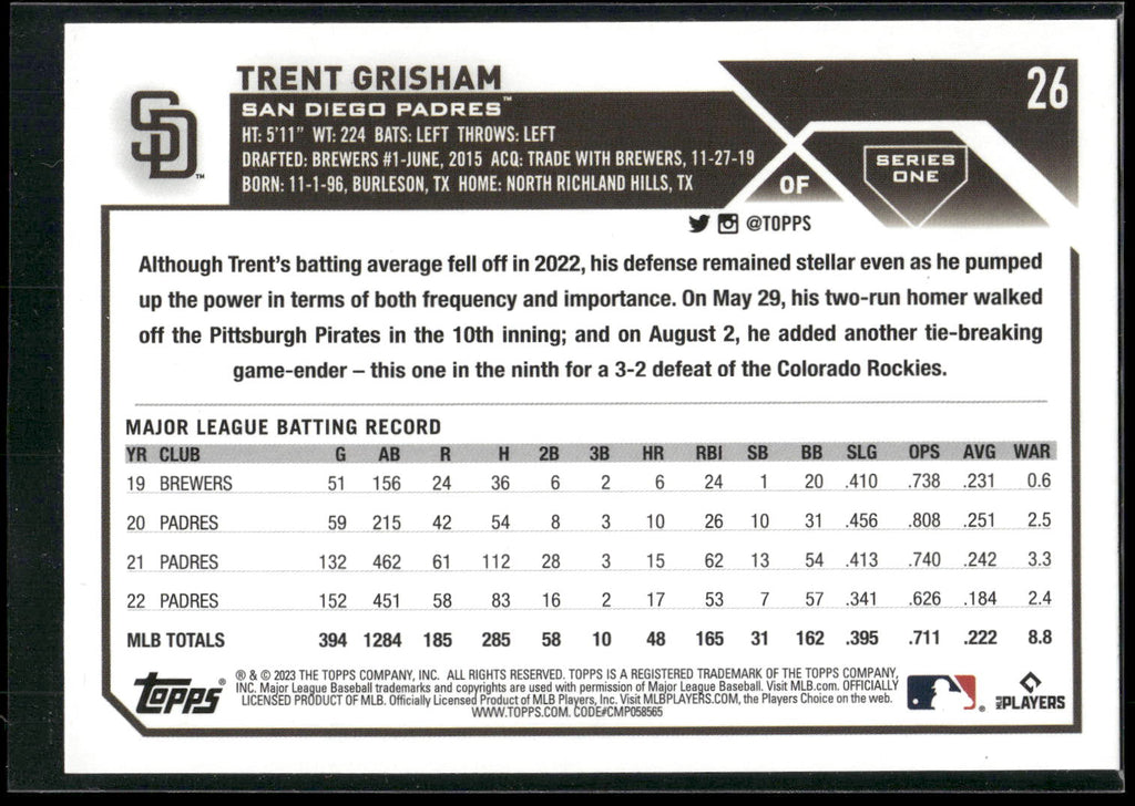 2023 Topps #26 Trent Grisham Rainbow Foil